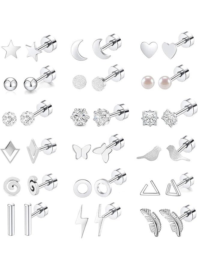 18 Pairs Stainless Steel Stud Earrings Set for Women Men Star Moon Triangle Heart Leaf 20G Cartilage Earrings Hypoallergenic Flatback Earrings Piercing Jewelry - Image 1